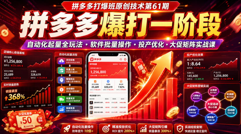 拼多多打爆班原创技术第61期,拼多多爆打一阶段,自动化起量全玩法・软件批量操作・投产优化・大促矩阵实战课-知享资源网