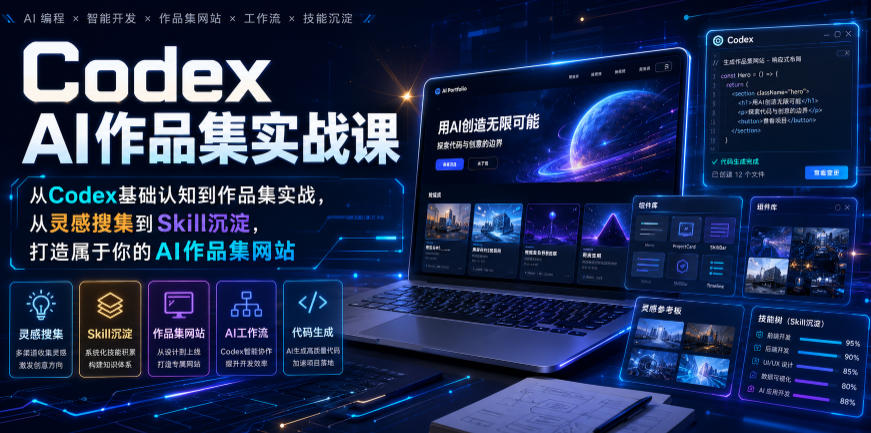 Codex AI作品集实战课，从Codex基础认知到作品集实战，从灵感搜集到Skill沉淀，打造属于你的AI作品集网站-知享资源网