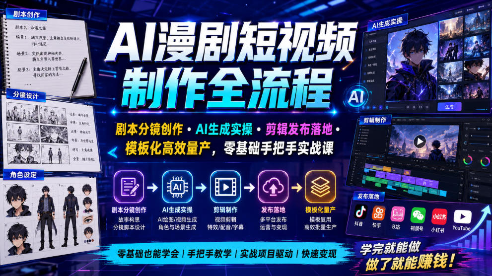 AI漫剧短视频制作全流程｜剧本分镜创作・AI生成实操・剪辑发布落地・模板化高效量产，零基础手把手实战课-知享资源网