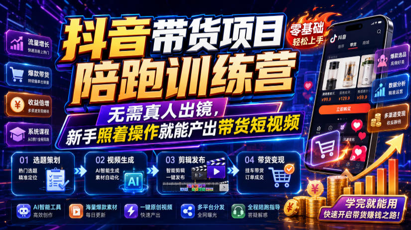 抖音带货项目陪跑训练营，无需真人出镜，新手照着操作就能产出带货短视频-知享资源网