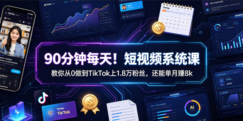 90分钟每天！短视频系统课教你从0做到TikTok上1.8万粉丝，还能单月賺8k【原创双语字幕】-知享资源网