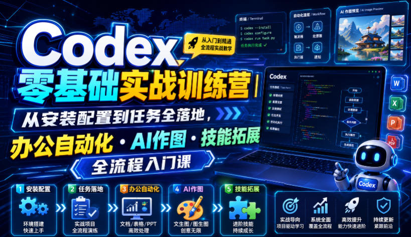 Codex零基础实战训练营｜从安装配置到任务全落地，办公自动化・AI作图・技能拓展全流程入门课-知享资源网