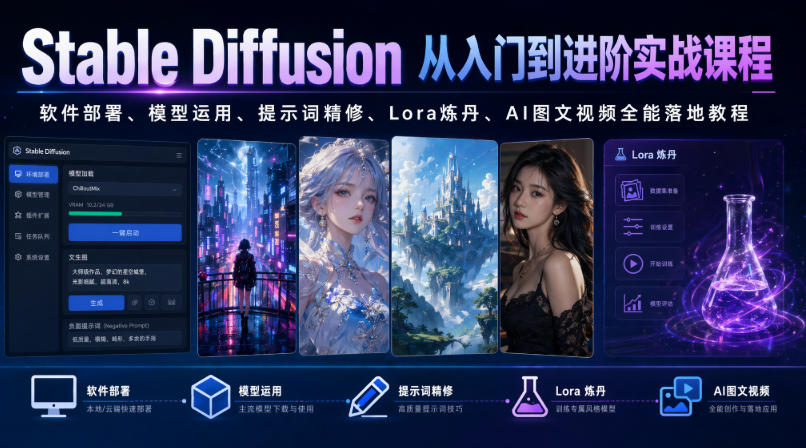 Stable Diffusion从入门到进阶实战课程｜软件部署、模型运用、提示词精修、Lora炼丹、AI图文视频全能落地教程-知享资源网