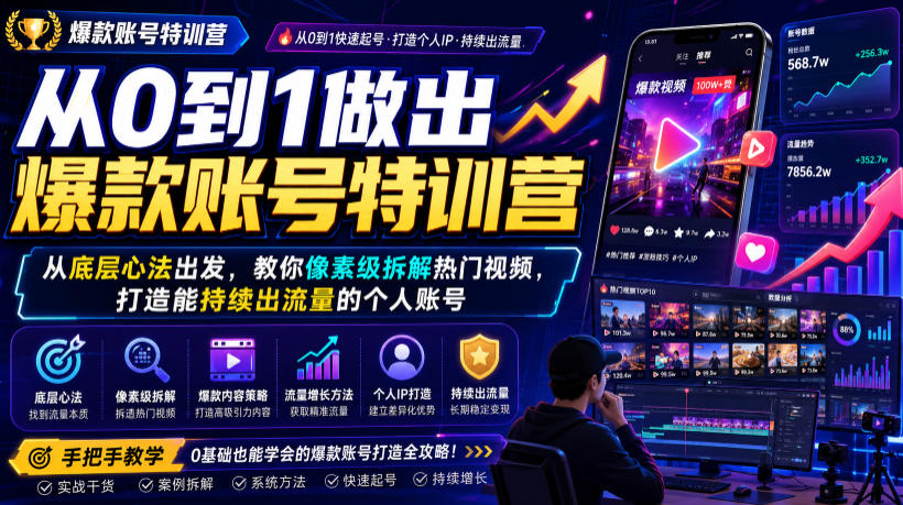 从0到1做出爆款账号特训营，从底层心法出发，教你像素级拆解热门视频，打造能持续出流量的个人账号-知享资源网