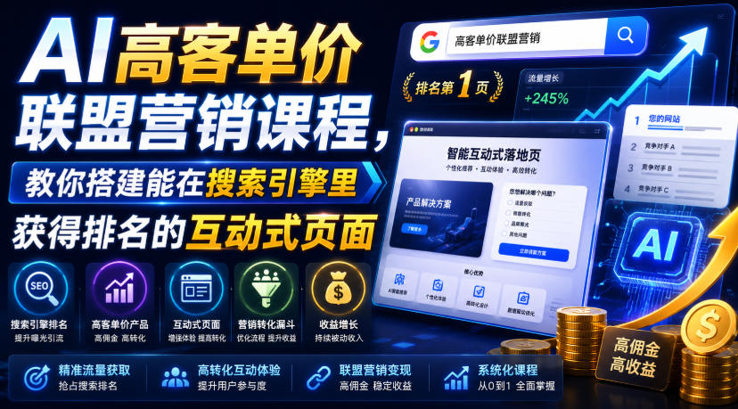 AI高客单价联盟营销课程，教你搭建能在搜索引擎里获得排名的互动式页面，引来流量，把访客转化为高佣金的成交【原创双语字幕】-知享资源网