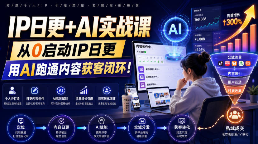 IP日更+AI实战课，从0启动IP日更，IP置顶视频制作+100条选题库搭建+10条日更规划，用AI跑通内容获客闭环!-知享资源网