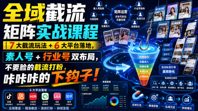 全域截流矩阵实战课程｜7大截流玩法+6大平台落地，素人号+行业号双布局，不要脸的截流打粉，咔咔咔的下钩子！-知享资源网