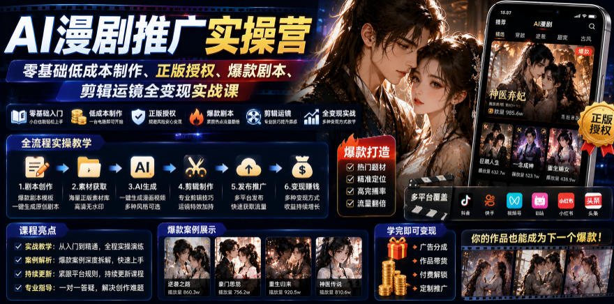 AI漫剧推广实操营｜零基础低成本制作、正版授权、爆款剧本、剪辑运镜全变现实战课-知享资源网