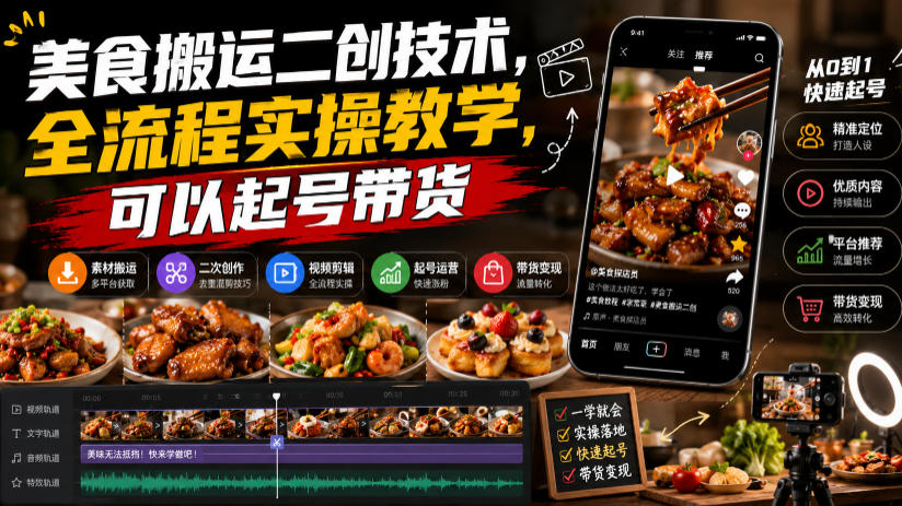 美食搬运二创技术，全流程实操教学，可以起号带货-知享资源网