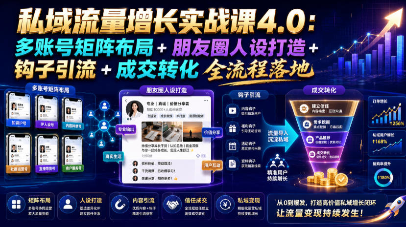 私域流量增长实战课4.0：多账号矩阵布局+朋友圈人设打造+钩子引流+成交转化全流程落地-知享资源网