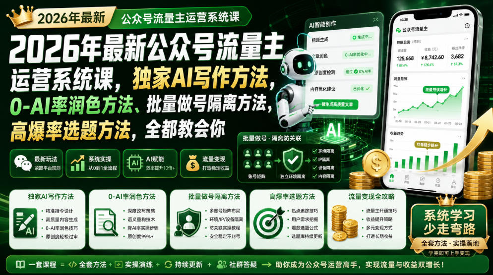 2026年最新公众号流量主运营系统课，独家AI写作方法，0-AI率润色方法、批量做号隔离方法、高爆率选题方法，全都教会你-知享资源网