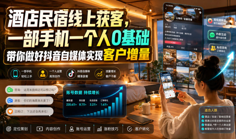 酒店民宿线上获客，一部手机一个人0基础带你做好抖音自媒体实现客户增量-知享资源网