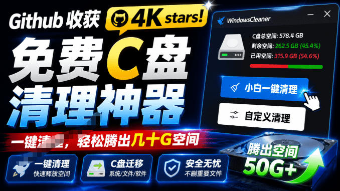 Github收获4K stars！免费C盘清理神器，轻松腾出几十G空间，支持C盘迁移Windows Cleaner-知享资源网