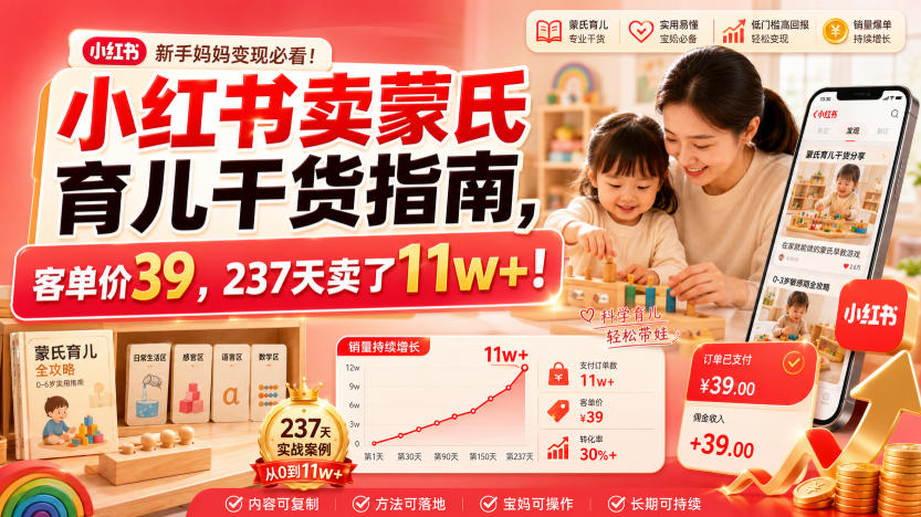 小红书卖蒙氏育儿干货指南，客单价39，237天卖了11w+！-知享资源网