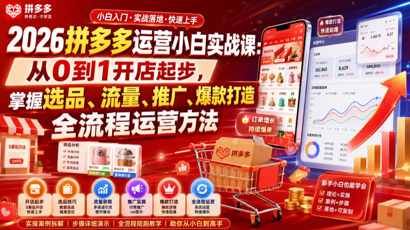 2026拼多多运营小白实战课：从0到1开店起步，掌握选品、流量、推广、爆款打造全流程运营方法-知享资源网