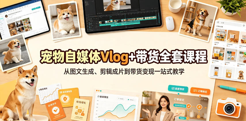 宠物自媒体Vlog+带货全套课程｜从图文生成、剪辑成片到带货变现一站式教学-知享资源网