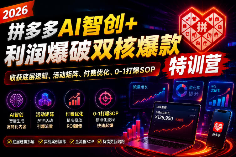2026拼多多AI智创+利润爆破双核爆款特训营，收获底层逻辑、活动矩阵、付费优化、0-1打爆SOP-知享资源网