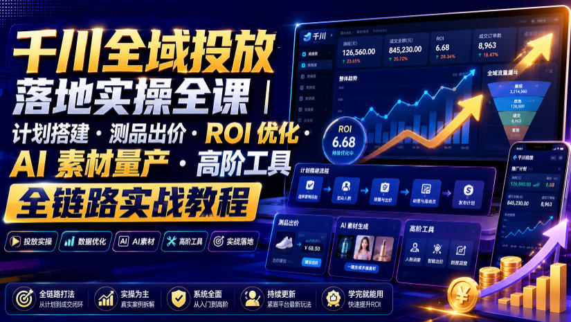 千川全域投放落地实操全课｜计划搭建・测品出价・ROI优化・AI素材量产・高阶工具全链路实战教程-知享资源网