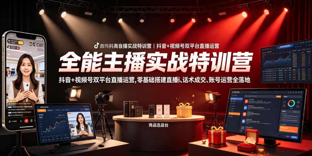 全能主播实战特训营｜抖音+视频号双平台直播运营，零基础搭建直播间、精准选品、话术成交、账号运营全落地-知享资源网