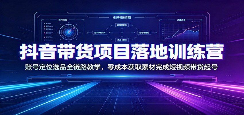抖音带货项目落地训练营：账号定位选品全链路教学，零成本获取素材完成短视频带货起号-知享资源网