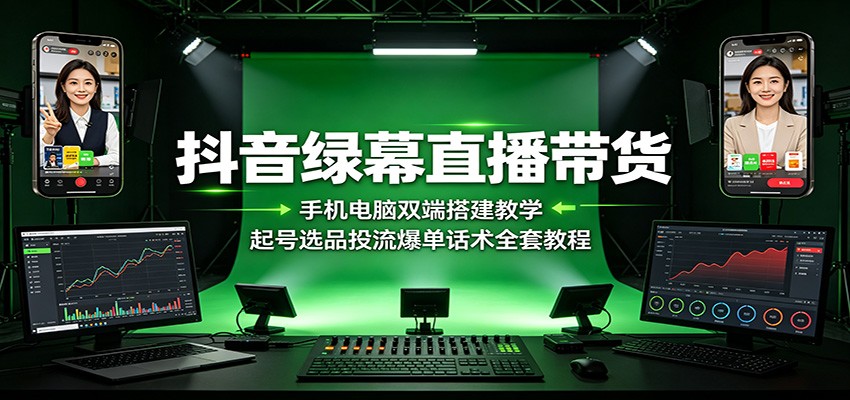 抖音绿幕直播带货：手机电脑双端搭建教学，起号选品投流爆单话术全套教程-知享资源网