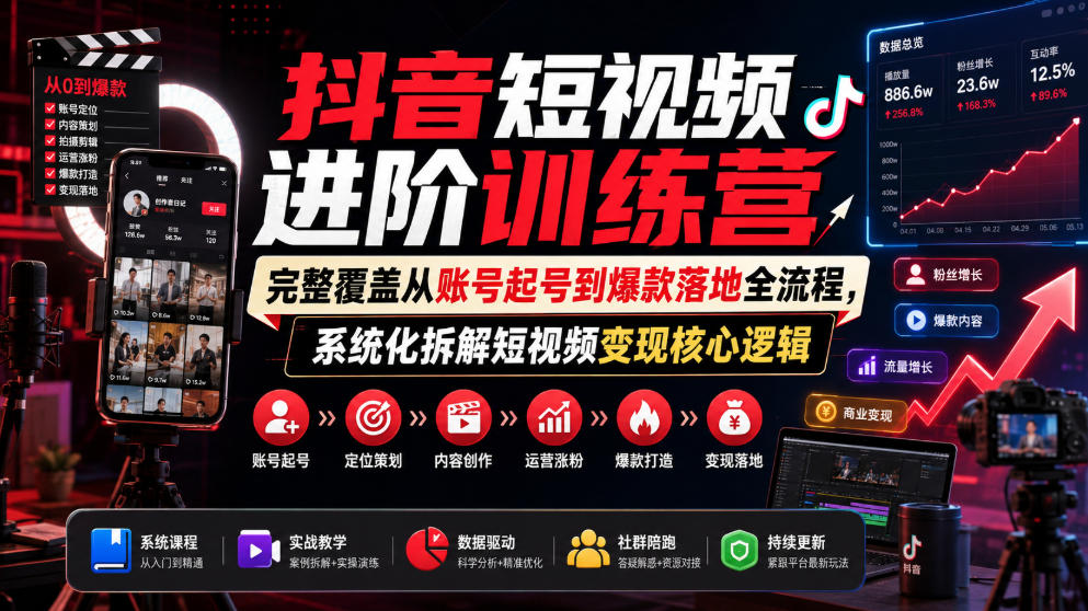 抖音短视频进阶训练营,完整覆盖从账号起号到爆款落地全流程,系统化拆解短视频变现核心逻辑-知享资源网
