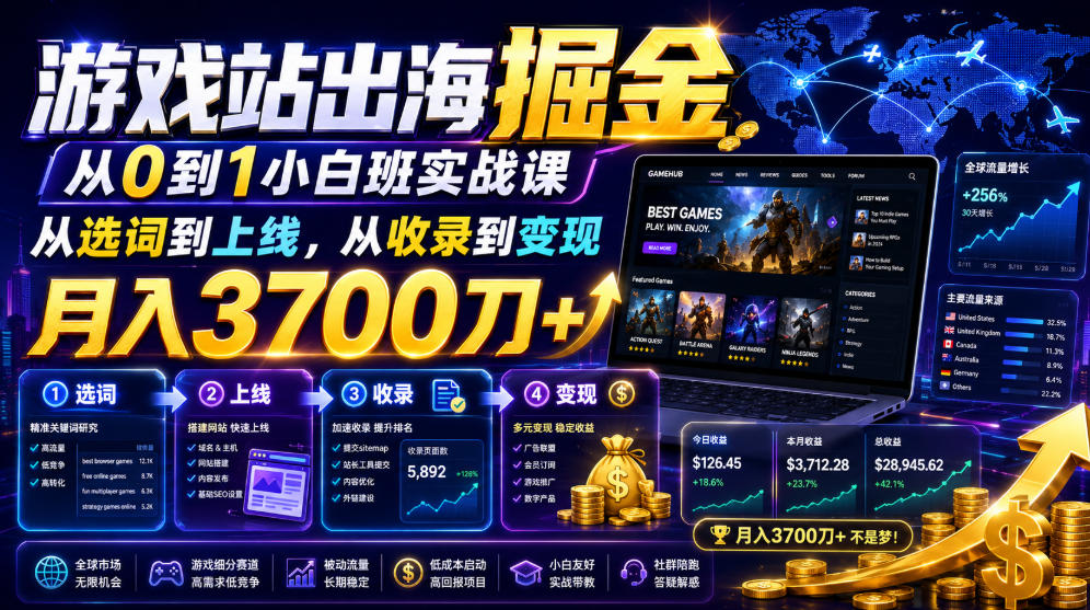 游戏站出海掘金从0到1小白实战课，从选词到上线，从收录到变现，月入3700刀+-知享资源网