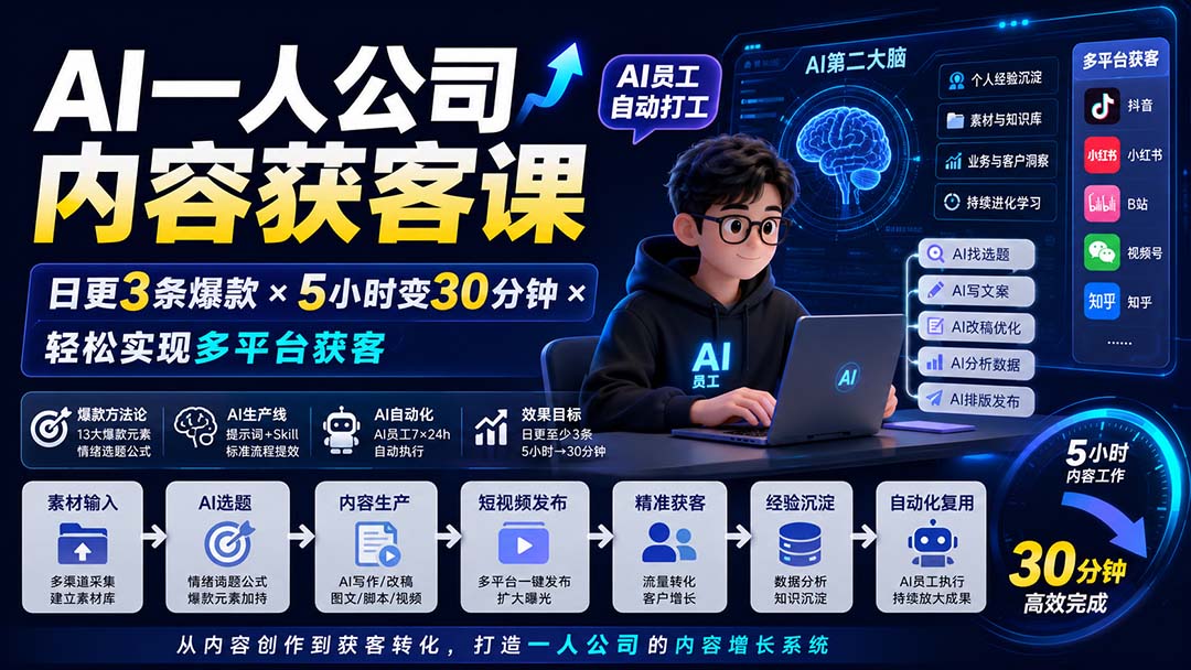 （20111期）AI一人公司内容获客课-更新8月：日更3条爆款×5小时变30分钟×AI员工自动打工，轻松实现多平台获客-知享资源网
