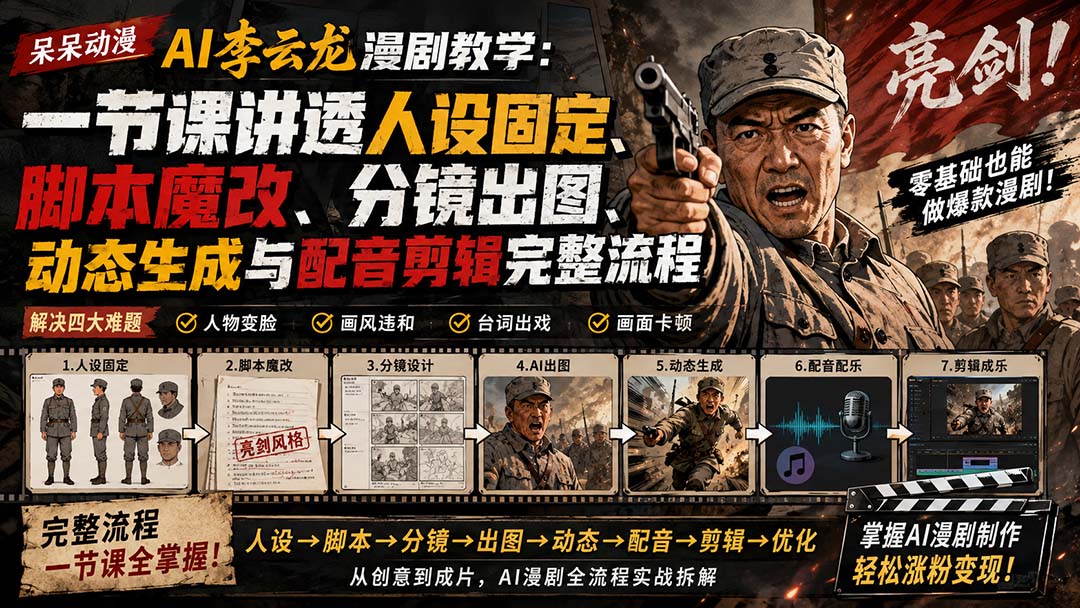 （20107期）呆呆动漫AI李云龙漫剧教学：一节课讲透人设固定、脚本魔改、分镜出图、动态生成与配音剪辑完整流程-知享资源网