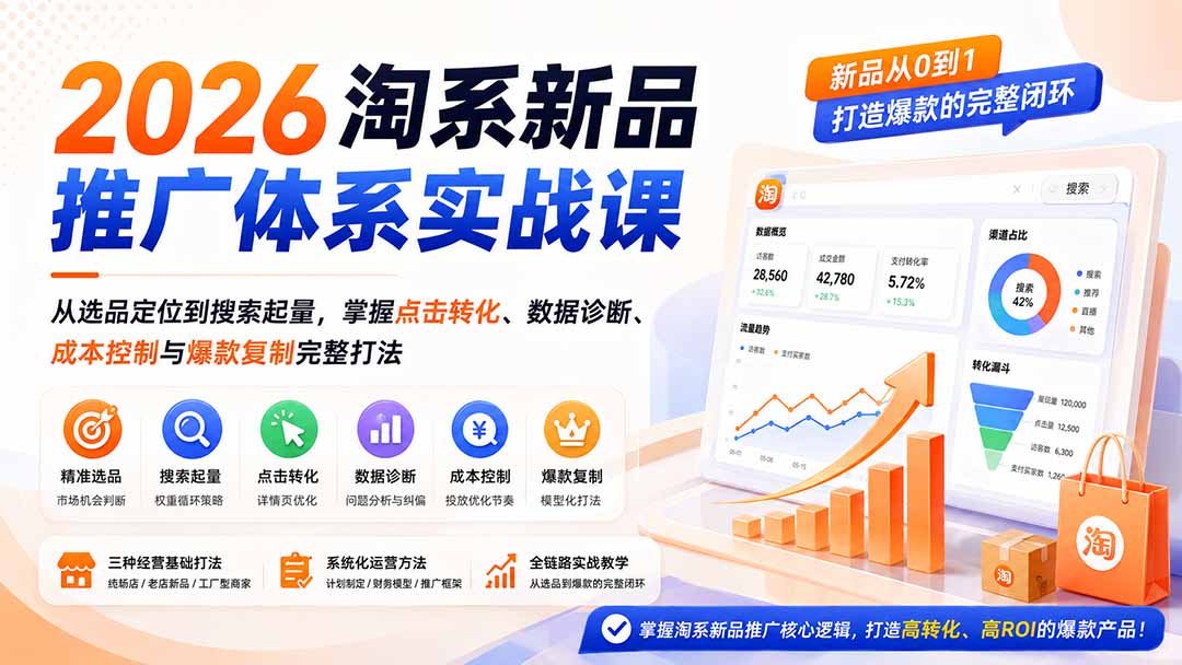 （19908期）2026淘系新品推广体系实战课：从选品定位到搜索起量，掌握点击转化、数据诊断、成本控制与爆款复制完整打法-知享资源网
