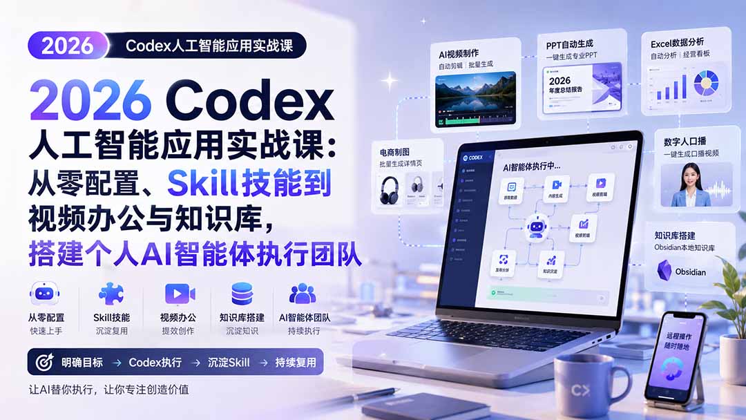 （20067期）2026 Codex人工智能应用实战课：从零配置、Skill技能到视频办公与知识库，搭建个人AI智能体执行团队-知享资源网