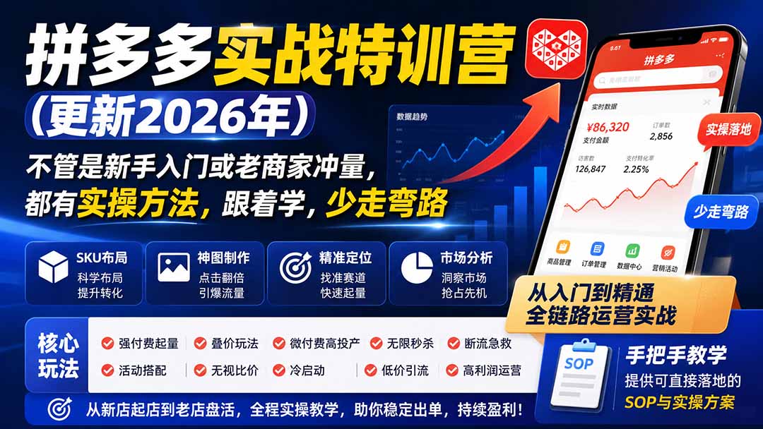 （19744期）拼多多实战特训营(更新2026年)：不管是新手入门或老商家冲量，都有实操方法，跟着学，少走弯路-知享资源网