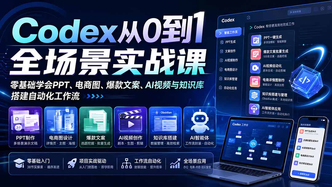（20041期）Codex从0到1全场景实战课：零基础学会PPT、电商图、爆款文案、AI视频与知识库，搭建自动化工作流-知享资源网