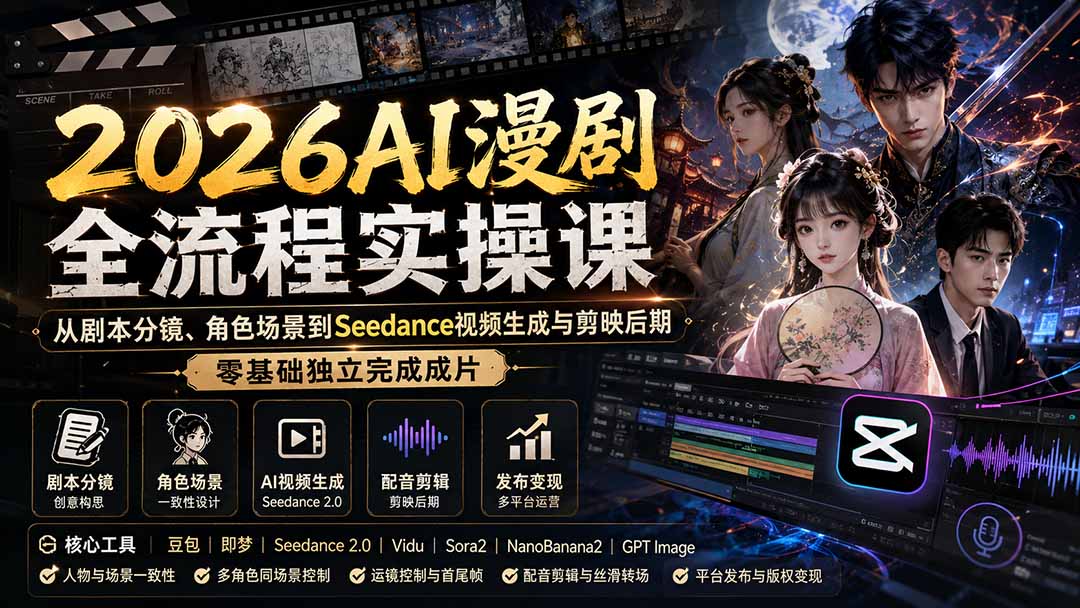 （20042期）2026AI漫剧全流程实操课：从剧本分镜、角色场景到Seedance视频生成与剪映后期，零基础独立完成成片-知享资源网