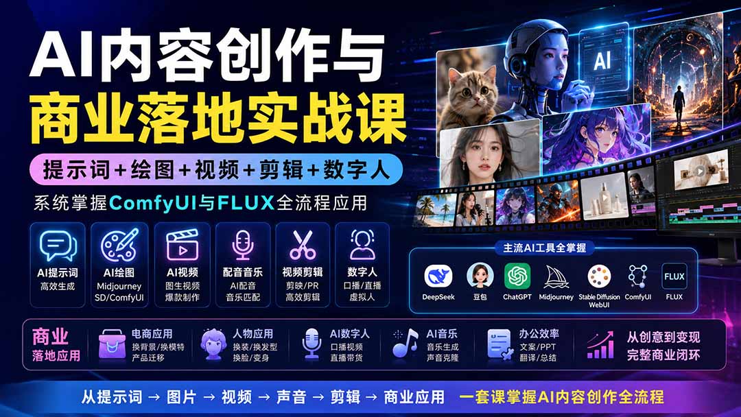 （19913期）AI内容创作与商业落地实战课：提示词+绘图+视频+剪辑+数字人，系统掌握ComfyUI与FLUX全流程应用-知享资源网