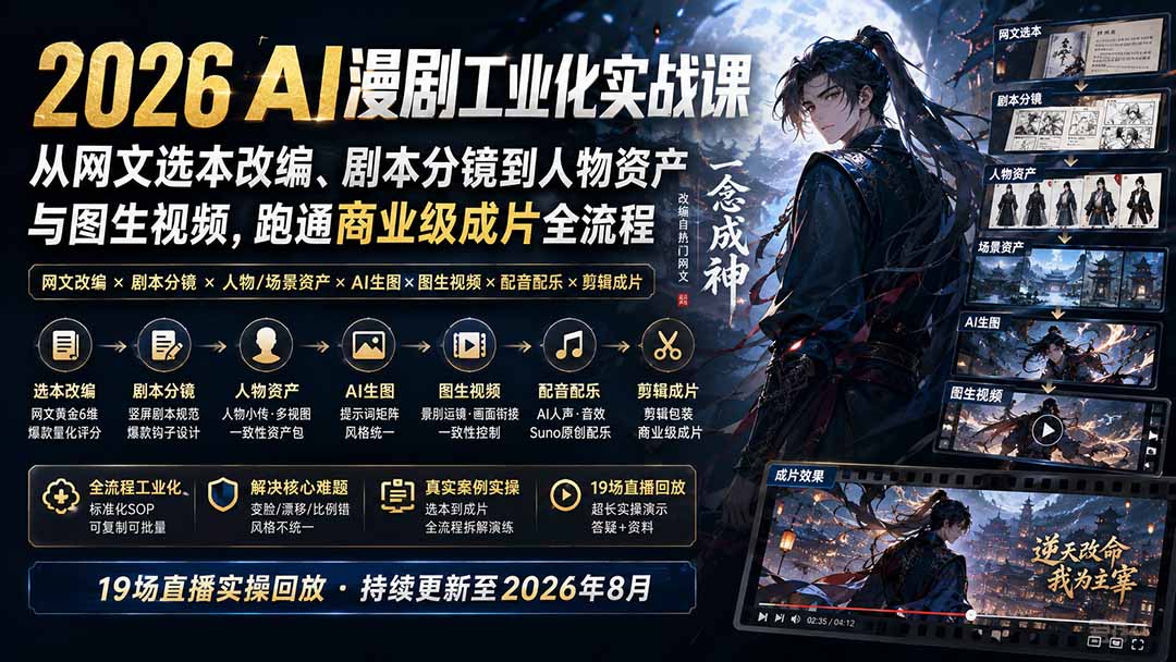 （20068期）2026 AI漫剧工业化实战课-更新：从网文选本改编、剧本分镜到人物资产与图生视频，跑通商业级成片全流程-知享资源网