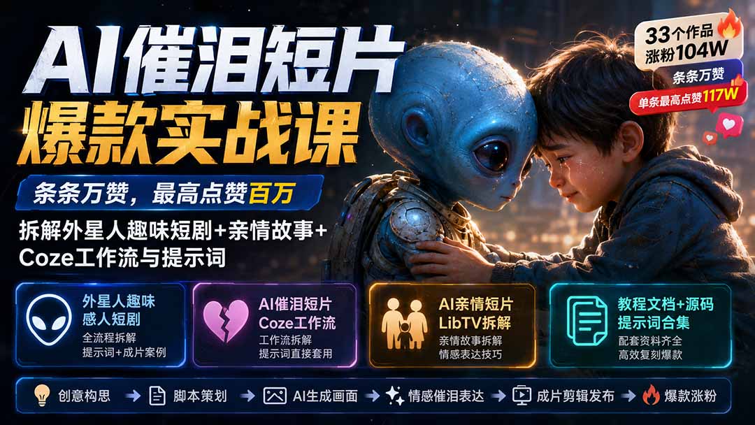 （20038期）AI催泪短片爆款实战课：条条万赞，最高点赞百万，拆解外星人趣味短剧+亲情故事+Coze工作流与提示词-知享资源网