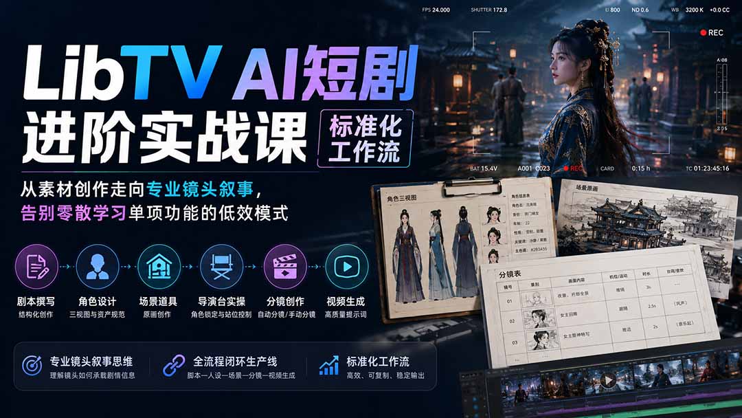 （19836期）LibTV AI短剧进阶实操课标准化工作流；从素材创作走向专业镜头叙事，告别零散学习单项功能的低效模式-知享资源网