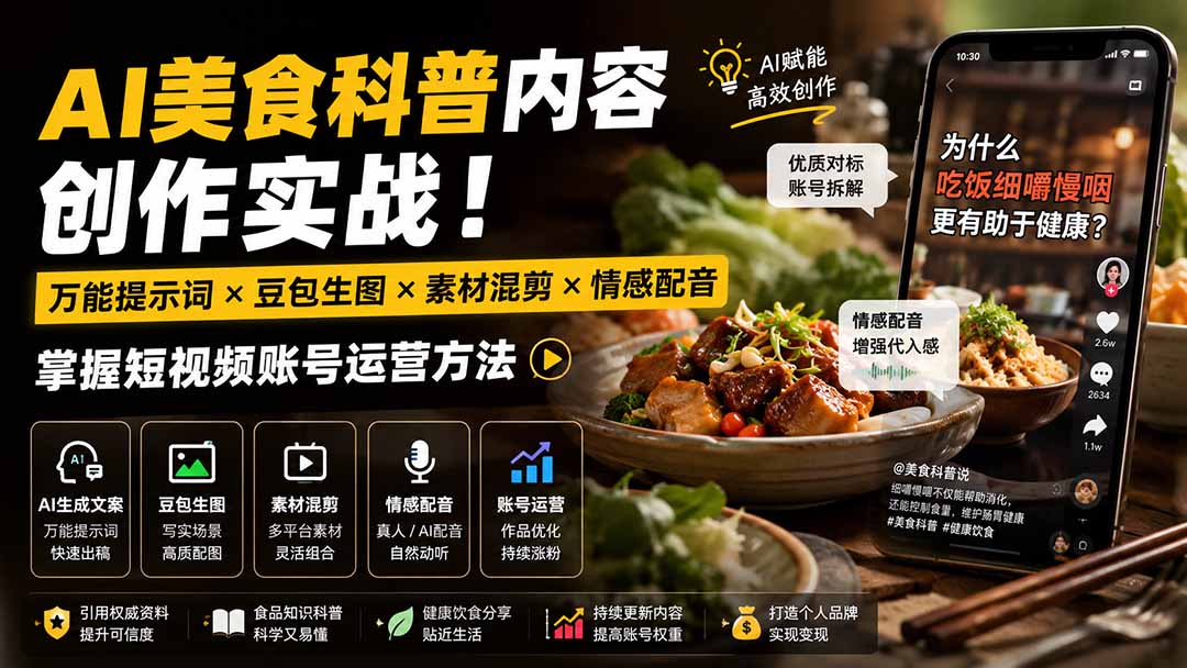 （19730期）外面卖199元-AI美食科普内容创作实战！万能提示词×豆包生图×素材混剪×情感配音，掌握短视频账号运营方法-知享资源网