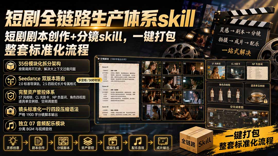 （19911期）短剧全链路生产体系skill，短剧剧本创作+分镜skill，一键打包，整套标准化流程-知享资源网