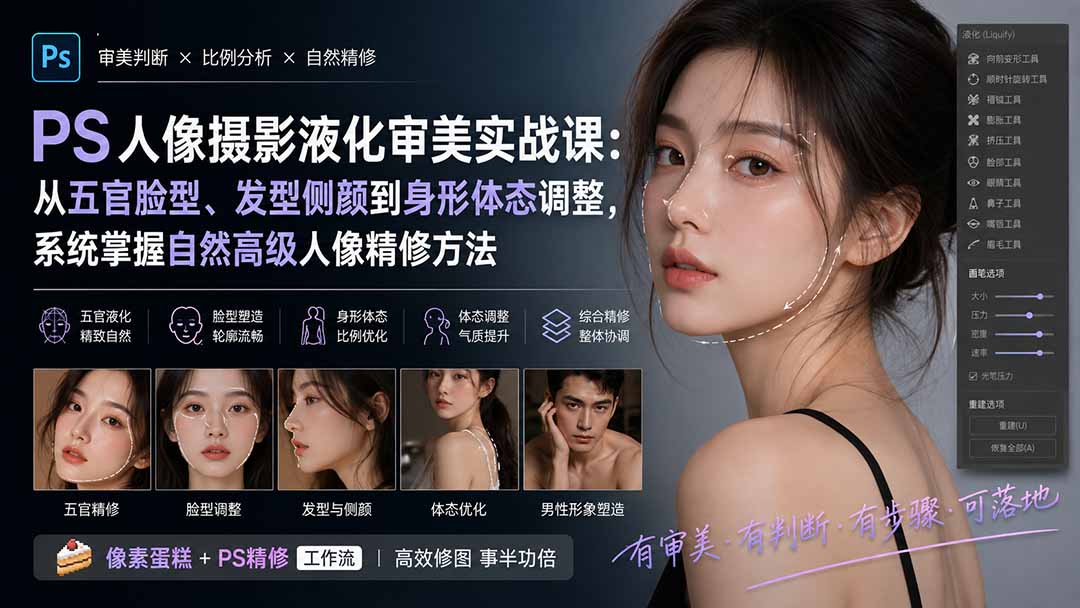 （20062期）PS人像摄影液化审美实战课：从五官脸型、发型侧颜到身形体态调整，系统掌握自然高级人像精修方法-知享资源网