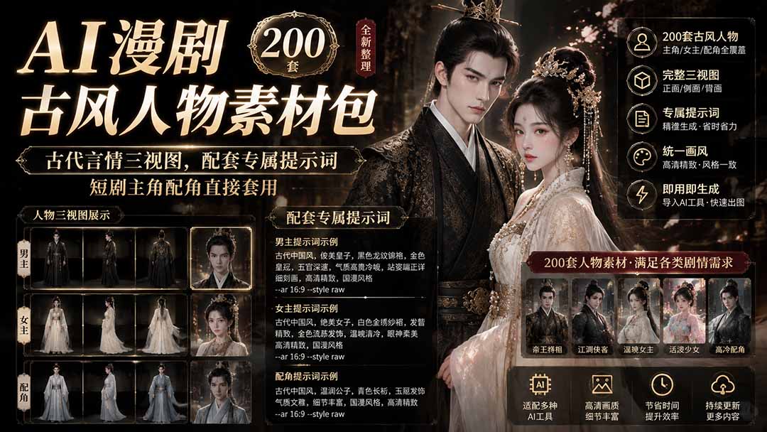 （19693期）AI漫剧古风人物素材包+提示词｜200 套古代言情三视图，配套专属提示词短剧主角配角直接套用-知享资源网