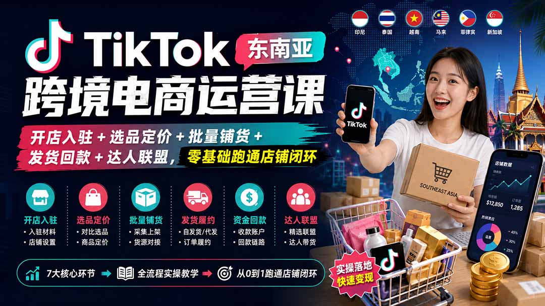 （20059期）TikTok东南亚跨境电商运营课：开店入驻+选品定价+批量铺货+发货回款+达人联盟，零基础跑通店铺闭环-知享资源网