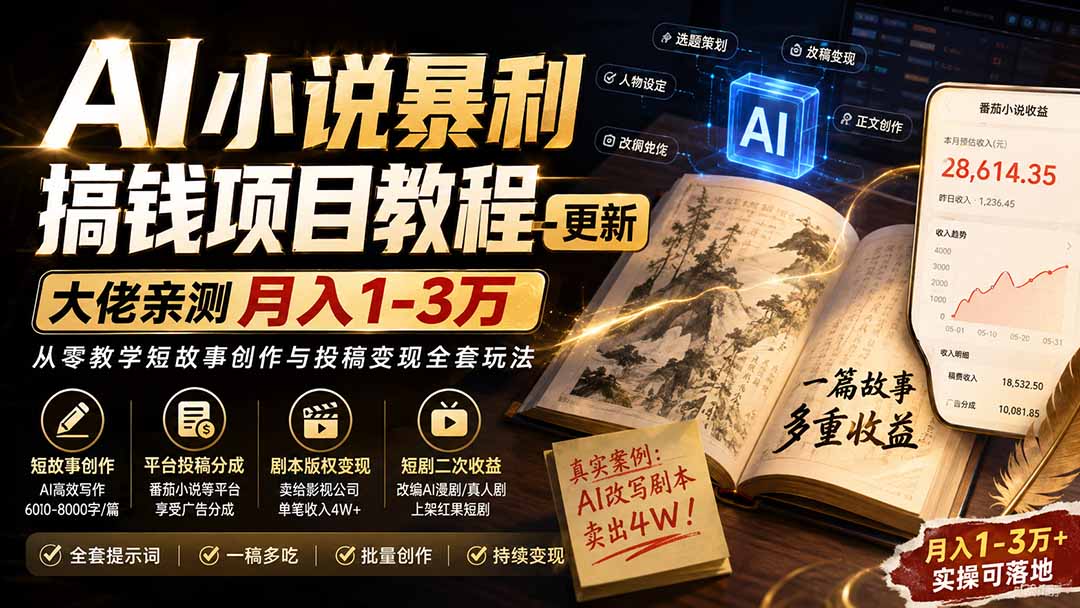 （20044期）AI小说暴利搞钱项目教程-更新，大佬亲测月入1-3万，从零教学短故事创作与投稿变现全套玩法-知享资源网