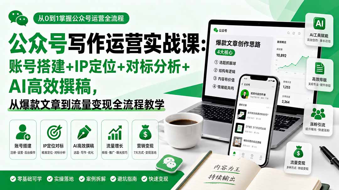（19914期）公众号写作运营实战课：账号搭建+IP定位+对标分析+AI高效撰稿，从爆款文章到流量变现全流程教学-知享资源网
