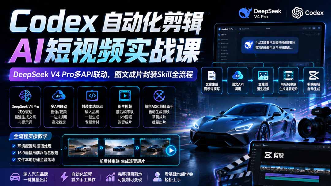 （19711期）Codex自动化剪辑AI短视频实战课｜DeepSeek V4 Pro多API联动，图文成片封装Skill全流程-知享资源网