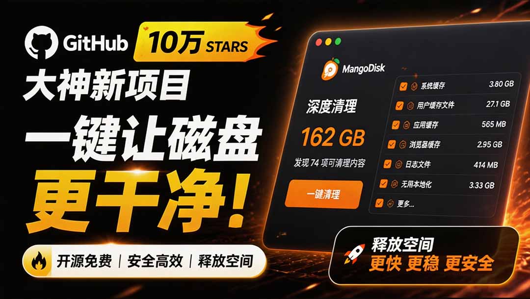 （19894期）在Gtihub上做出10万 stars 的大神，又发布新项目了！一键让磁盘更干净，开源免费清理工具 MangoDisk-知享资源网