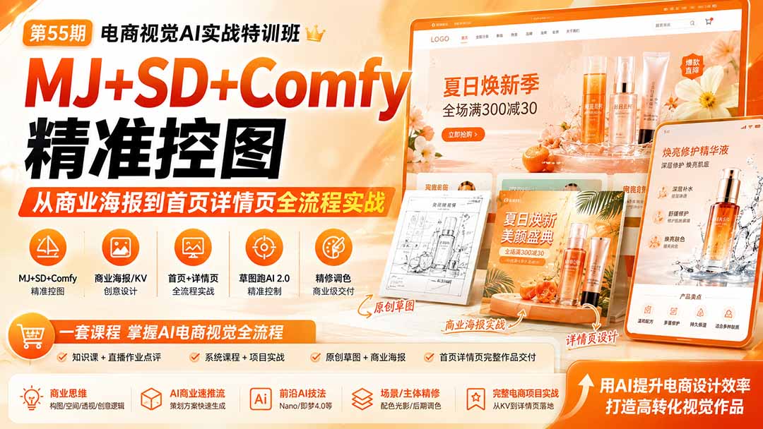 （20027期）电商视觉 AI实战训练营第55期：MJ+SD+Comfy精准控图，从商业海报到首页详情页全流程实战-知享资源网