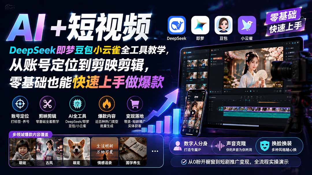 （19759期） AI+短视频｜DeepSeek即梦豆包小云雀全工具教学，从账号定位到剪映剪辑，零基础也能快速上手做爆款-知享资源网
