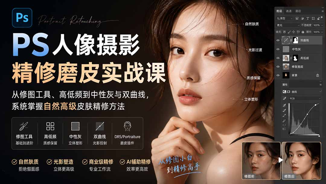 （20061期）PS人像摄影精修磨皮实战课：从修图工具、高低频到中性灰与双曲线，系统掌握自然高级皮肤精修方法-知享资源网